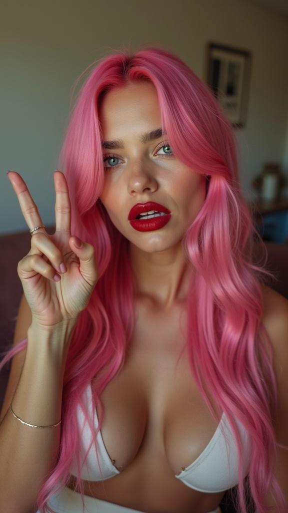 "ultrarealism, photorealism, 22 year old Latina with long pink shiny hair, bright blue eyes and big red lips, sitting on a couch with a "pee" hand gesture"