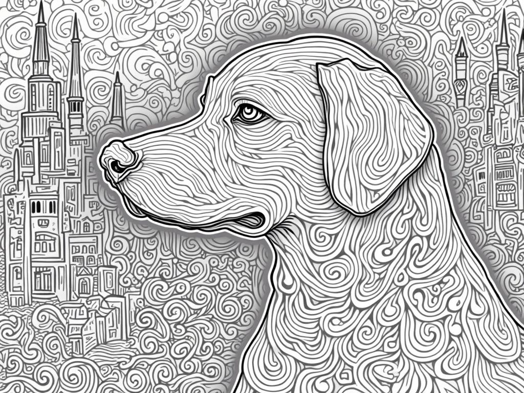 A surreal black-and-white illustration in the style of Joe Fenton: the bust of a Labrador retriever transformed into a fantastical, dreamlike creature, intricately ornamented and detailed, with organic, fairy-tale patterns embedded in its fur and eyes. The background is filled with buildings characteristic of Poznań, such as the town hall, the tenement houses of the Old Market Square, and church towers, depicted in a richly decorated, almost Gothic-surreal style. The composition is full of ornaments and abstract mandalas, a mesmerizing interplay of light and shadow, ultra-detailed, monumental, and incredibly atmospheric, 98% reminiscent of Joe Fenton's work.