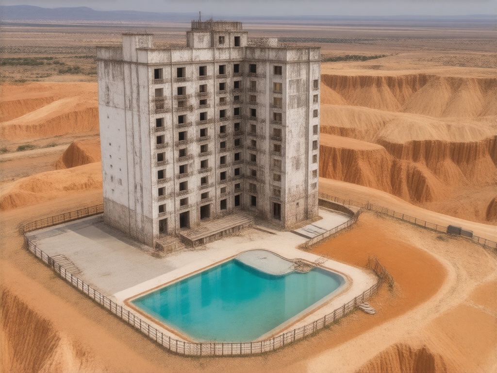 A high-resolution aerial view, in the style of a hyperrealistic painting, depicts a colossal, sail-shaped, 20-story abandoned hotel of weathered white brick atop an immense orange sandstone plateau, its cracked facade and decaying balconies hinting at forgotten grandeur.  A broken, grey swimming pool lies nearby, encircled by a rusty, partially collapsed fence.  The vast, undulating orange desert stretches to a clear blue horizon, evoking isolation and desolation.
