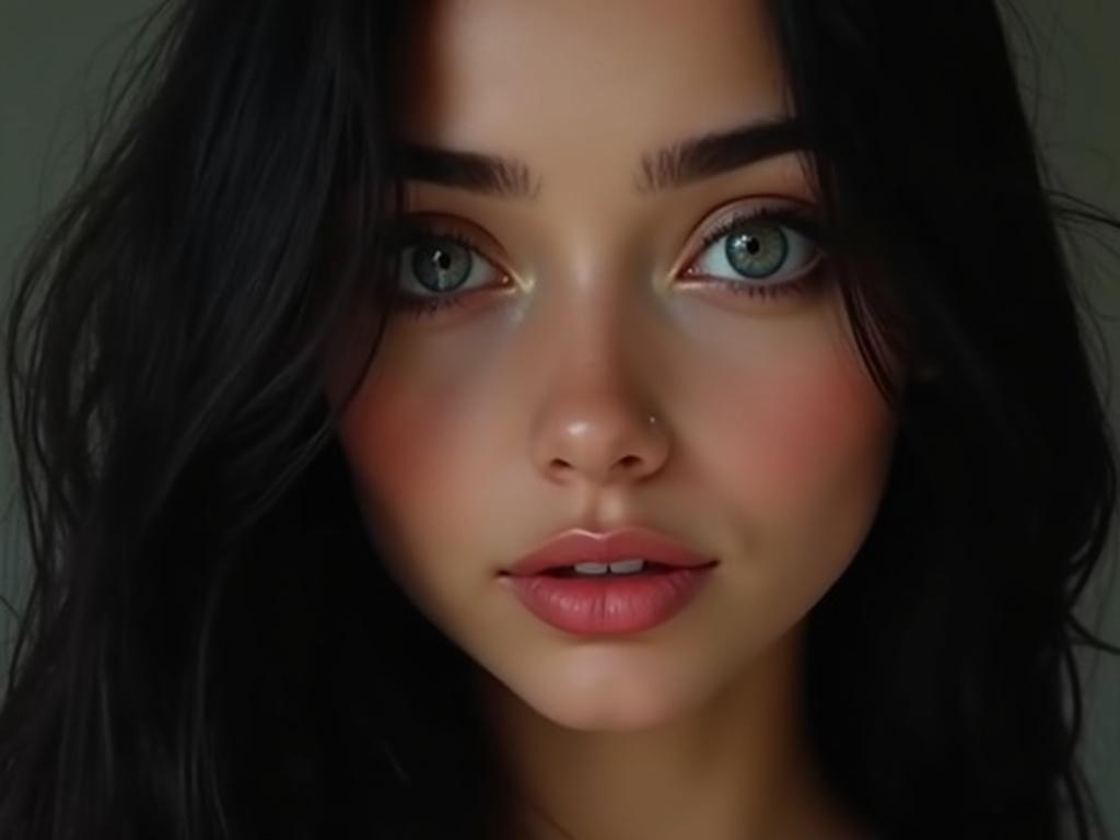 facial portrait image, a 19 year old French girl, black long straight hair, big bright blue eyes, smooth caramel skin, thick arched eyebrows, cute button nose, plump cupid's bow lips, small jawline, high cheekbones, slightly parted lips, soft expression, natural makeup, ultra realistic, photorealistic skin texture, cinematic soft lighting, DSLR camera quality