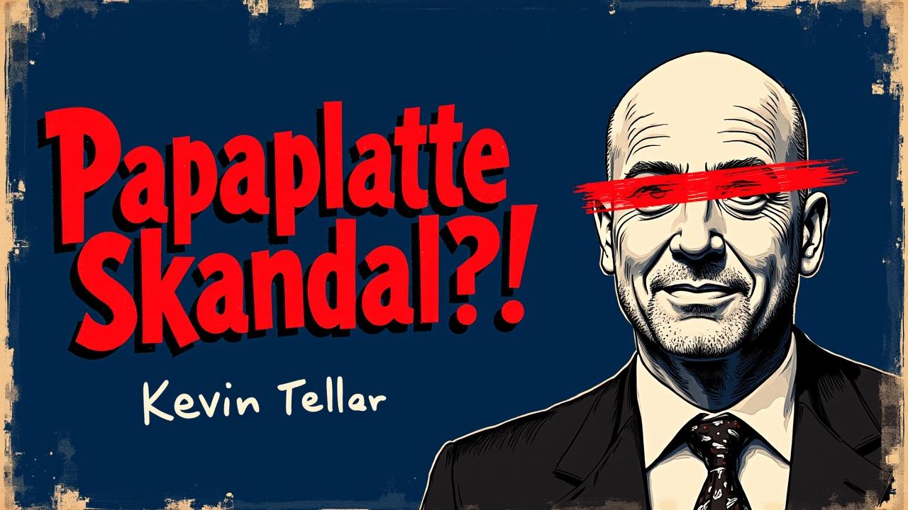 ein schriftzug:Papaplatte skandal?! rot unter strichen hintergrund dunkelblau mache einen man dessen augen rot durchgestrichen sind und der man ist papaplatte alias kewin teller 