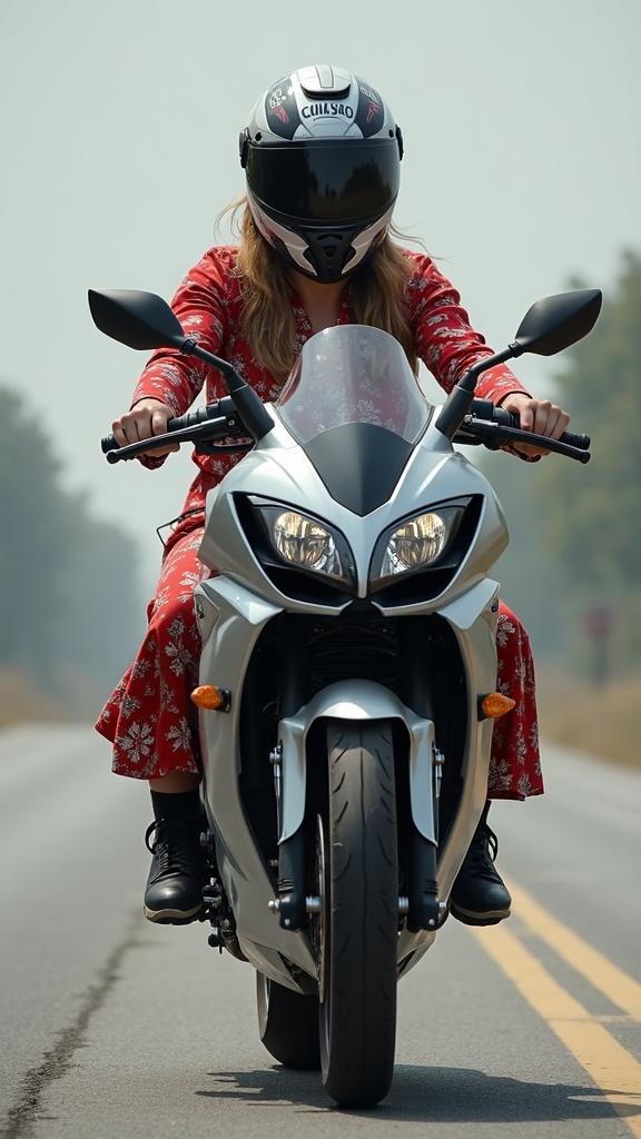 The woman with size M , woman ride a motorcycle yamaha wr155 , she riding motorcycles , do wheelie , woman have Iranian dress
Without helmet 