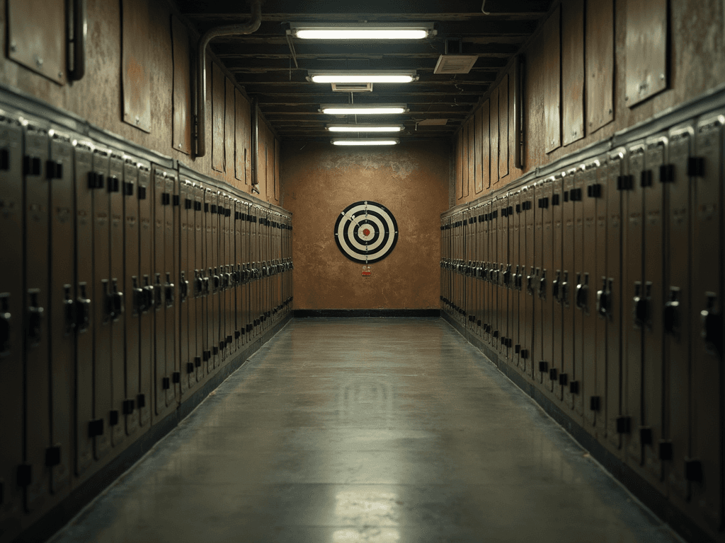 A room with a bunch of lockers and targets on the wall.