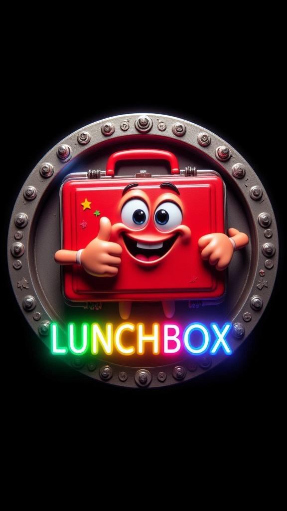 "Design a circular Pixar-style logo featuring a cheerful red lunchbox character shown from the waist up, with big expressive eyes, a wide cartoonish smile, and colorful star stickers on its face. The lunchbox has one rubbery arm bent in a confident pose, giving a large, exaggerated thumbs-up. Its design should have smooth, polished shading with soft Pixar-style lighting. Frame the character inside a bold circular border with a carbon fiber texture. The outer ring should look like brushed steel with beveled edges and evenly spaced bolts, mimicking a bolted-down industrial look. At the bottom of the circle, engrave the word 'LUNCHBOX' in large, bold, rounded metallic letters that follow the arc. Each letter should subtly glow in a neon color gradient—red, blue, yellow, green, and pink. Add a soft, fun glow around the entire logo to give it an inviting, animated energy, keeping it clean, vibrant, and in line with the LandscaperBob logo’s visual style."