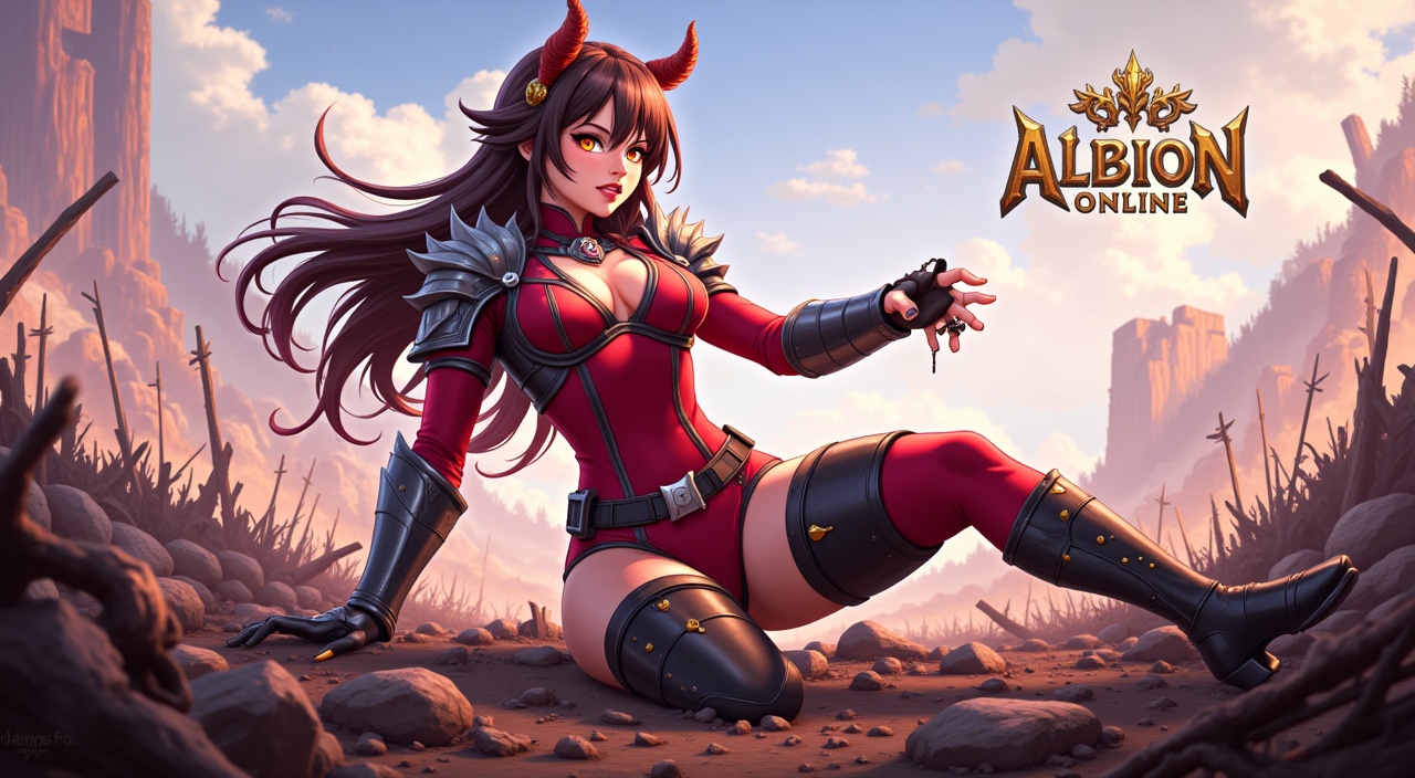 我要一個跟ALBION 這款遊戲有關西的縮圖 一個二次元女生在戰場上搜刮別人屍體 二次元女生衣服緊身一點 然後動作跟眼神妖媚一點