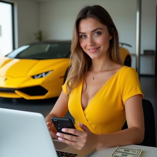"Create an ultra-photorealistic, magazine-style shot of a confident and stylish American woman in her mid-20s, showcasing a lifestyle of effortless success.

The Scene: She is in a spacious, modern, and impeccably clean high-end garage. In the background, parked perfectly, is a gleaming, latest-model yellow Lamborghini, its color complementing her dress.

The Character & Action: The woman is wearing a chic, vibrant yellow dress. She is sitting elegantly at a sleek, minimalist desk. She's holding a smartphone and smiling subtly at the camera, a picture of confidence. Her other hand rests near her high-end laptop.

The Details of Success:

Phone Screen: Her phone is slightly angled to the viewer, showing a just-completed 5-star review within a sleek app interface.

Laptop Screen: The laptop screen is clearly visible, displaying a clean and modern 'Review24 Earnings Dashboard.' A prominent, easy-to-read widget on the dashboard shows: "Last Week's Earnings: $500.00".

On the Desk: Beside the laptop, a small, neat stack of hundred-dollar bills sits casually.

The Atmosphere: The lighting is bright and polished, like a professional photoshoot, with soft light catching the metallic sheen of the car and creating a halo effect in her hair. The overall tone is aspirational, glamorous, and empowering, clearly communicating that this luxurious lifestyle is a direct result of her smart hustle on Review24."