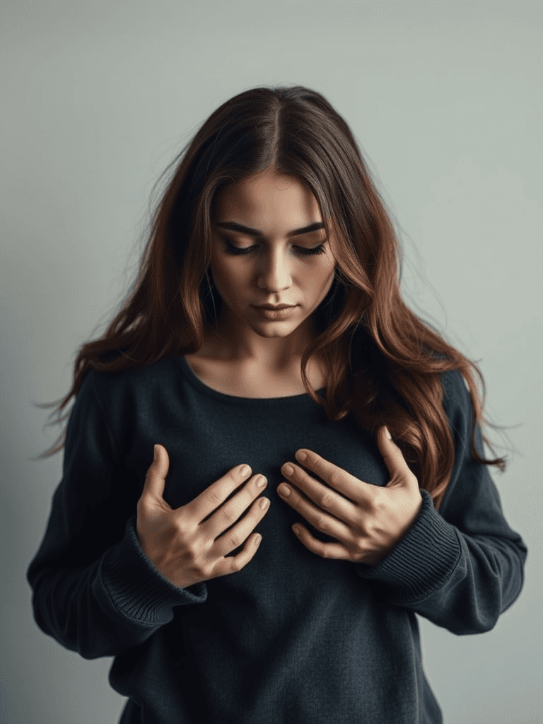 Create a very realistic image of girl man holding girl chest with both palms