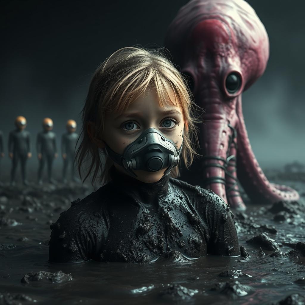 A dark, swampy, alien planet. A 10-year-old girl has been pulled from the muddy, marshy soil. Her skin, blond hair, and face are covered in a thick layer of black peat mud. She wears a small oxygen mask over her face, providing air during the long, therapeutic immersion. She looks dazed, disoriented, and astonished, as if waking up after a long sleep. Several human figures stand around her, assisting in the recovery process. Beside them stands a large, alien creature, resembling a pink and purple octopus, with many flexible tentacles, helping the humans. The atmosphere is humid, foggy, and heavy with swamp fumes. The cinematic, ultra-realistic style features dramatic lighting, and incredibly detailed textures of the mud, skin, and the alien creature's smooth tentacles. Negative hint (for errors):
No helmets, no spacesuits, no extra limbs, no cartoon style, no horror, no glitches, no blurriness, no unrealistic proportions
