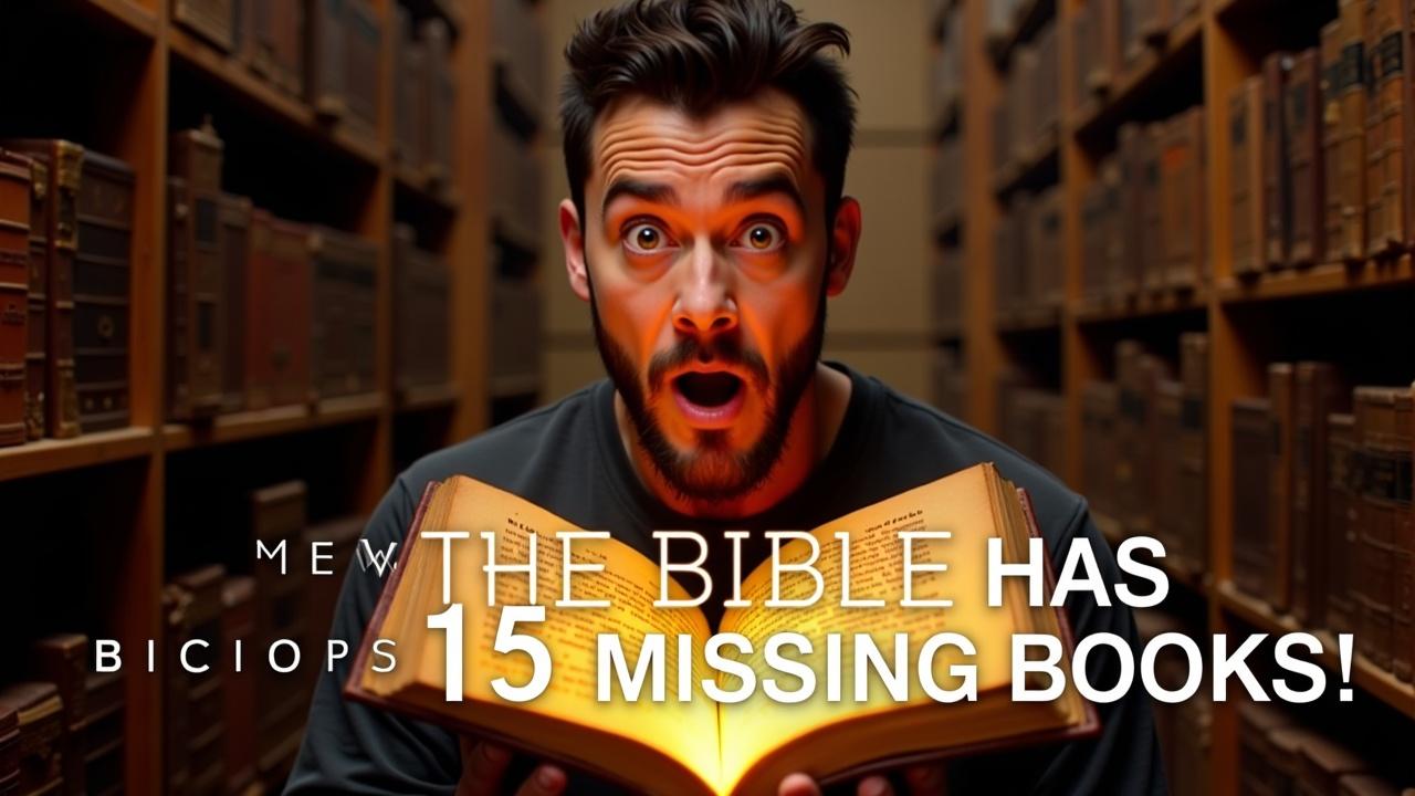 Young bearded scholar with wide eyes and shocked expression, mouth agape, holding an ancient Ethiopian manuscript that glows with golden light, dramatic lighting on his face, ancient library background, conveying amazement and disbelief at a profound discovery. Text: "The Bible Has 15 MISSING Books!"