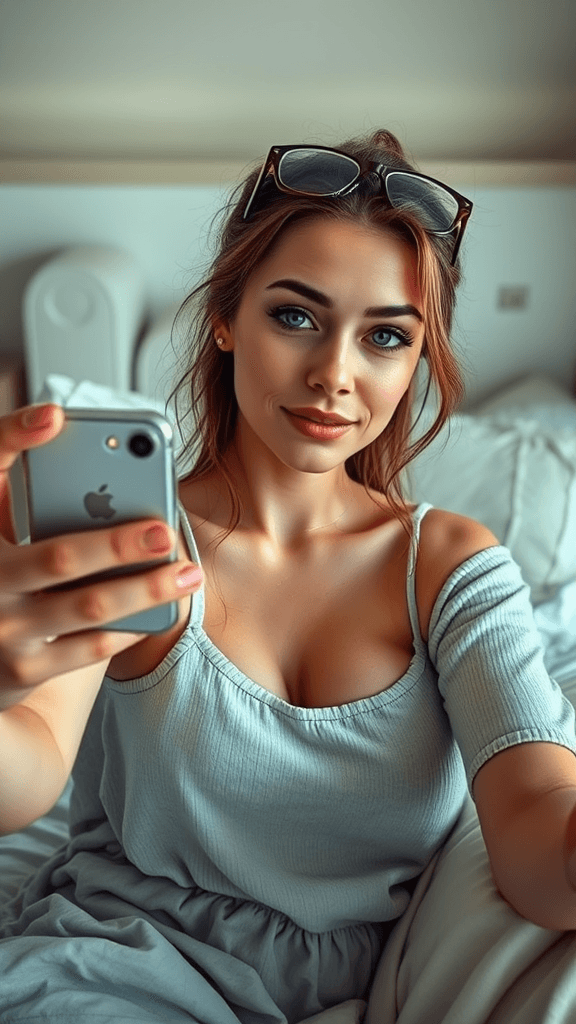 A pale-skinned brunette with blue eyes, wearing glam soft makeup and a casual bedtime outfit, takes a selfie in bed; iPhone casual style, realistic lighting, soft focus, slightly messy bed, glasses perched on her nose, conveying a relaxed, intimate atmosphere;  a sense of quiet contentment, reminiscent of a candid moment.
