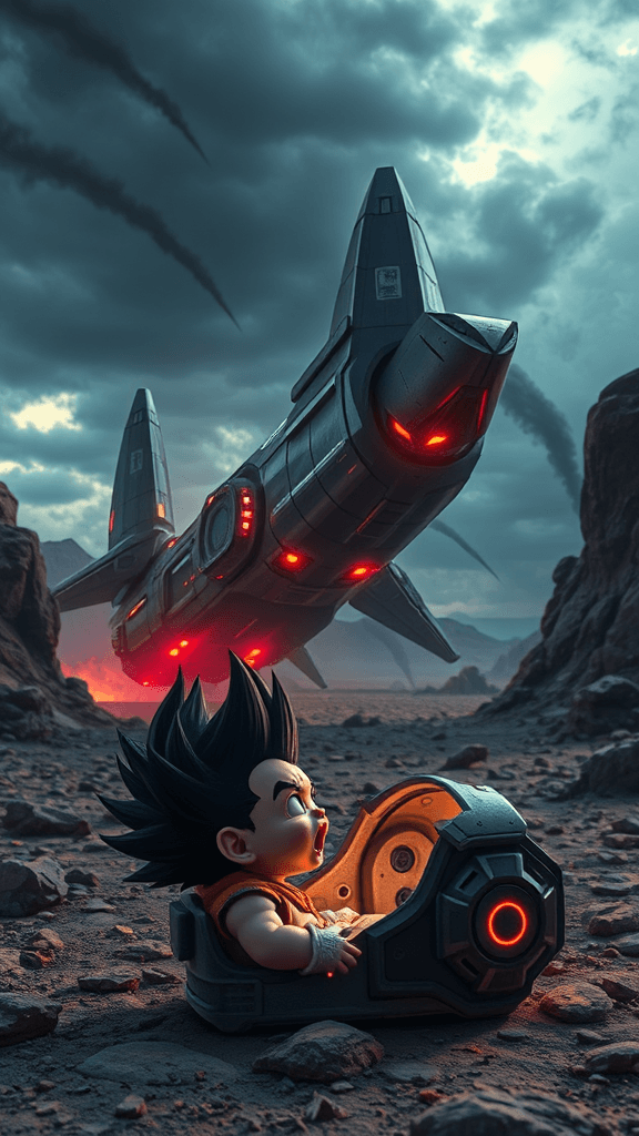 A futuristic, high-tech spaceship crashes into a desolate, rocky wasteland under a dark, stormy sky. The wreckage glows with red energy. In the foreground, a baby Saiyan with spiky black hair and a battle armor-shaped crib is crying. A sinister figure with glowing red eyes looms over him, smirking. Disney Pixar 3D style, cinematic lighting.