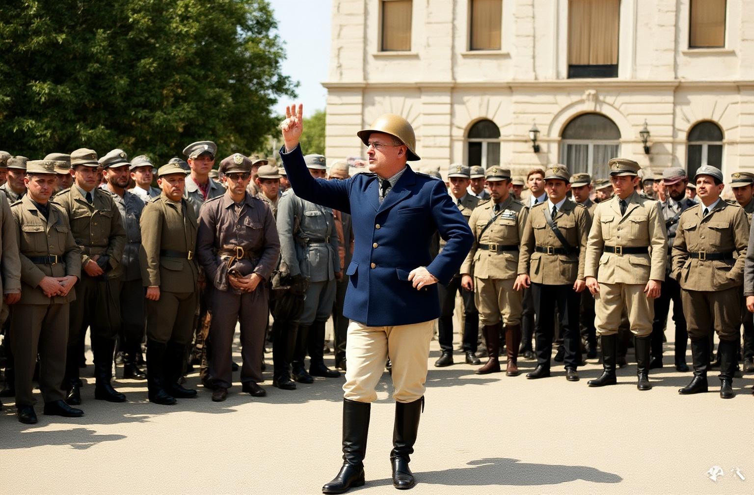 {
  "prompt": "A hyper-realistic, cinematic color photograph, captured with an Arri Alexa 65, depicting Gabriele D'Annunzio as the central figure, passionately addressing a large assembly of his legionary soldiers in Fiume, circa 1919. D'Annunzio stands on a slight elevation, wearing a distinctive tan riding helmet, a dark blue military tunic with light tan breeches, and tall black leather boots. His posture is commanding, with hands on his hips and a dynamic, passionate expression. A large, diverse crowd of soldiers surrounds him. Their uniforms are a mix of military styles and colors, including deep blue, grey, and khaki tunics, with many wearing fezzes and other unique headwear. A group of four officers in more formal, light-colored uniforms stands to his right. The background is the grand, light-colored Austro-Hungarian architecture of Fiume, featuring a large building with a series of prominent arched windows. Lush green trees and foliage frame the left side of the scene. The ground is a light-colored paved square. The lighting is natural, late-afternoon sunlight, creating soft, warm tones and defined shadows that enhance the three-dimensionality of the scene. The color palette is rich and historically accurate, with deep blues and greens contrasting with the lighter browns and tans of the uniforms and architecture, all rendered with the exceptional clarity, depth, and cinematic fidelity characteristic of an Arri Alexa 65. The overall composition conveys a powerful sense of historical gravitas and dramatic tension.",
  "negative_prompt": "monochrome, black and white, low quality, blurry, cartoonish, animated, sketch, drawing, simple, unrealistic, disfigured, poorly drawn faces, extra limbs, text, writing, watermarks, oversaturated colors",
  "style_raw": "cinematic, historical, photorealistic, Arri Alexa 65, highly detailed, dramatic lighting",
  "aspect_ratio": "21:9",
  "quality": "cinematic",
  "seed": 9876
 }