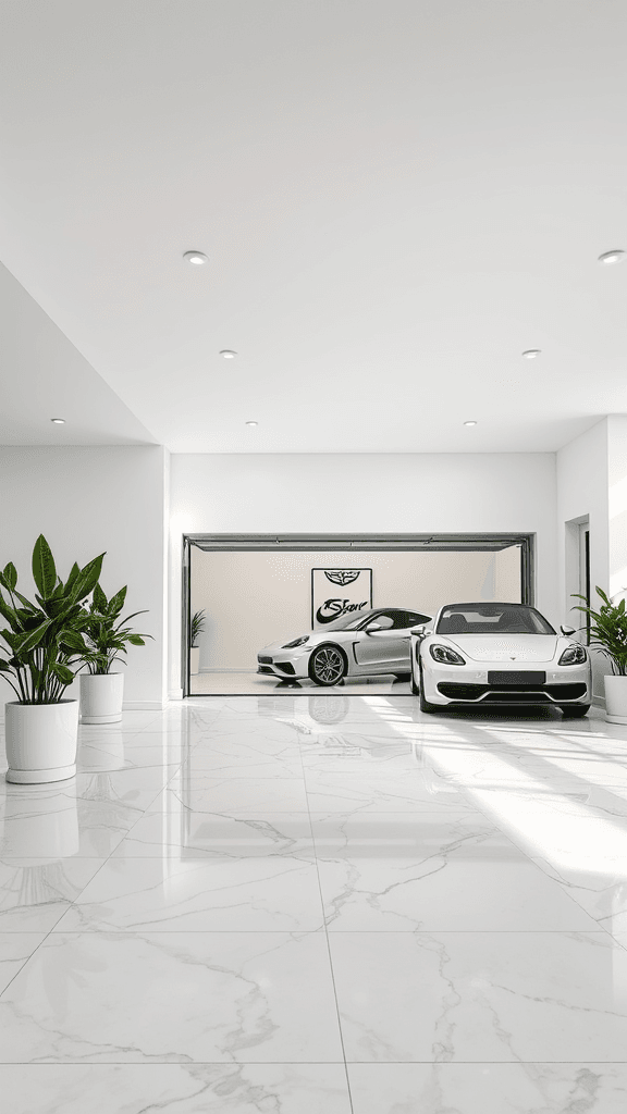 modern white square home, close up in person type of picture, daytime, marble floor garage
