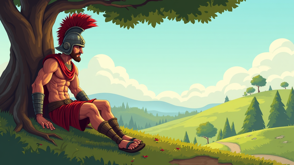 Create a gladiator that looks damaged thats sitting while leaning back on a tree on a hill with a nice view in the background. Cartoon style image