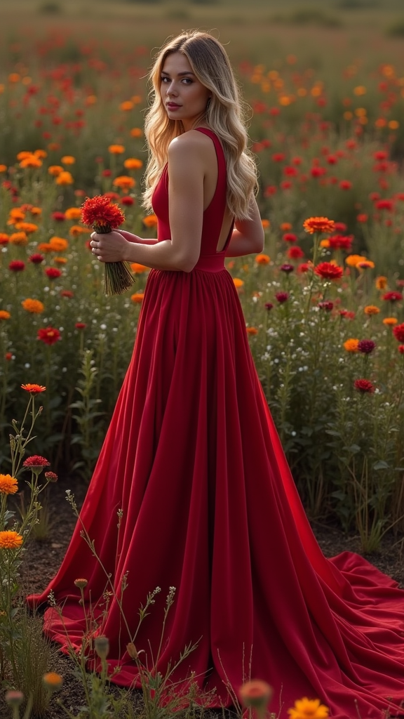 Without changing the face and hair
Show this woman in a long red velvet dress among colorful flowers