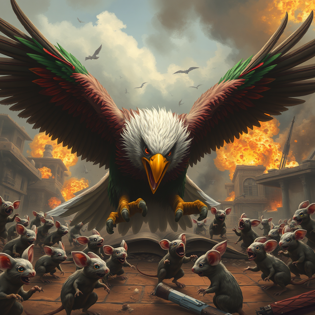 An angry eagle with green, red, and white feathers attacks frightened mice on a battlefield filled with smoke, explosions, fire, and destroyed buildings.