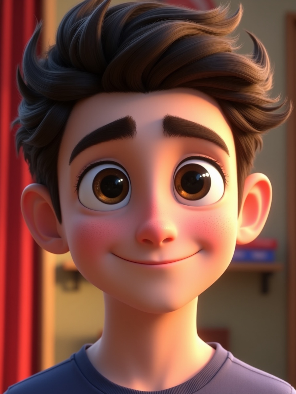 3D cartoon portrait in Pixar style, big shiny eyes, soft lighting, detailed skin, emotional expression, colorful background, cinematic composition"