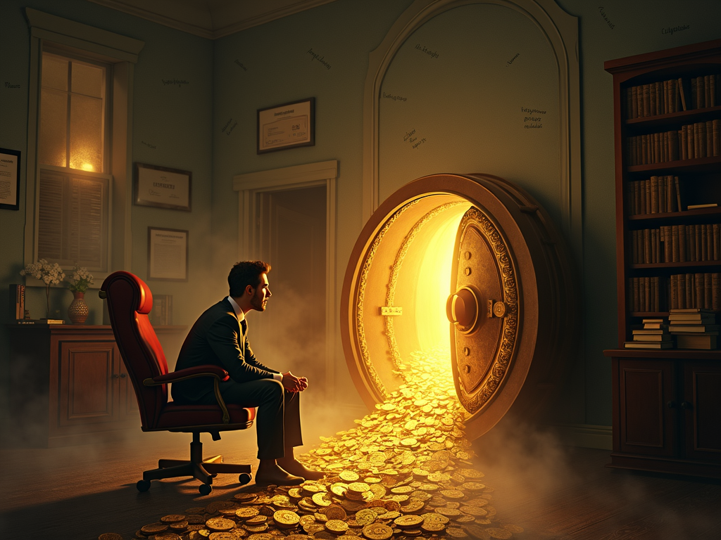Depict a psychologist, seated in a warmly lit office filled with books, therapy certificates, and a comfortable chair. In front of the psychologist, a massive, ornate safe overflows with golden coins and glowing opportunity. The psychologist sits on the threshold, hesitating, hands clenched, eyes wide with both awe and anxiety. Their shadow stretches behind, bound by invisible chains labeled "Doute", "Culpabilité", and "Indignité". On the walls and swirling through the air, ghostly French voices whisper fears: « Est-ce que je le mérite ? », « Qu’est-ce qui changerait si je gagnais plus d’argent ? », « Est-ce éthique pour un psychologue ? ». The scene is illuminated by a gentle sunrise visible through the office window, symbolizing hope and the future, while the path to the vault is partially hidden by fog.

