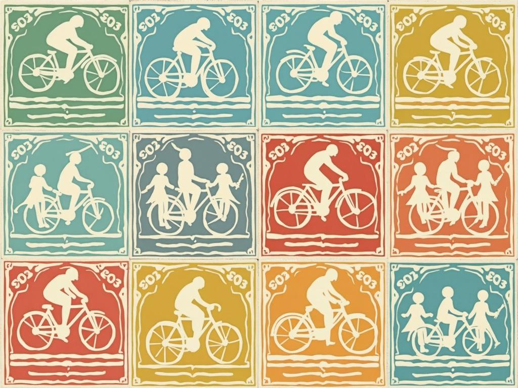 The image is a set of 12 square tiles arranged in a grid-like pattern. Each tile has a different design on it, with each tile representing a different year. The background of each tile is a light green color, and the designs are in different shades of blue, red, and yellow.

The designs are arranged in two rows and three columns, with the top row featuring a blue background with a white silhouette of a person riding a bicycle. The bottom row has a red background with white silhouettes of people riding bicycles, with a yellow sun and a blue sky in the background. The numbers "1943" are written in white at the top of each row. The overall style of the tiles is reminiscent of the early 20th century, with bright colors and bold lines.