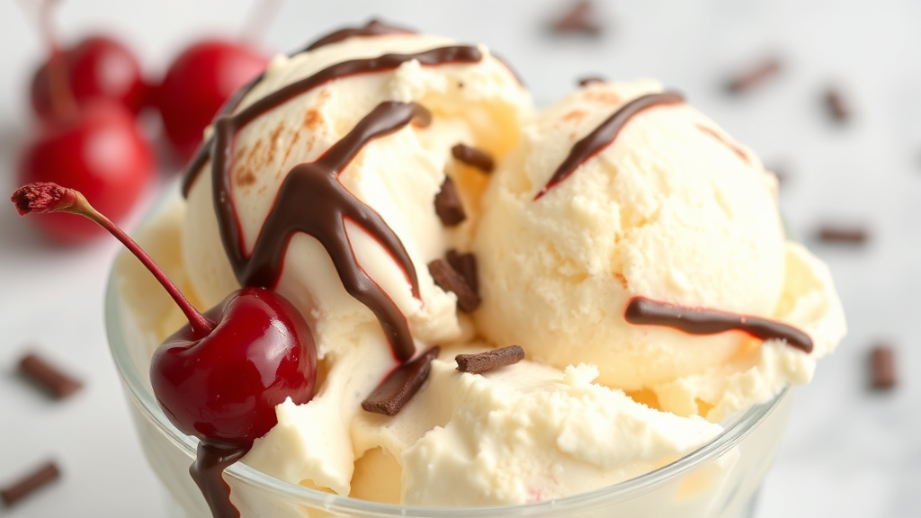 Vanilla ice cream with chocolate and cherry

