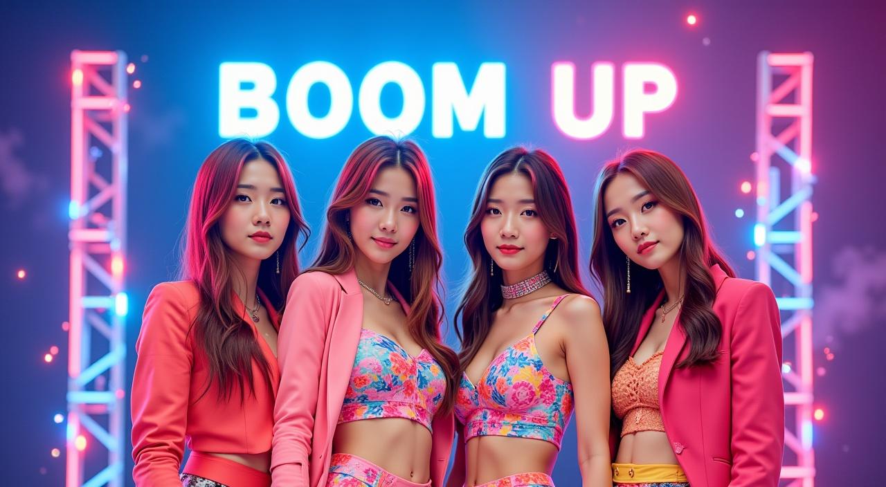 A high-resolution, photorealistic music video jacket image featuring 'Dance Dance Go' — a K-pop girl group of four beautiful 18-year-old Korean girls with fair skin. The members pose confidently and stylishly in coordinated stage outfits with bold, vibrant accents. Each girl has a distinct look, radiating youth and charm. The composition is cinematic and polished, like a real album cover. In the center or artistically placed on the image, the bold title text 'BOOM UP' is clearly visible in a modern, stylish font. The background features a sleek, dynamic design with lighting effects, evoking energy and pop glamour. Realistic skin texture, lighting, and detail — designed for a K-pop music video jacket. 얼굴과 헤어스타일이 각자 달라.