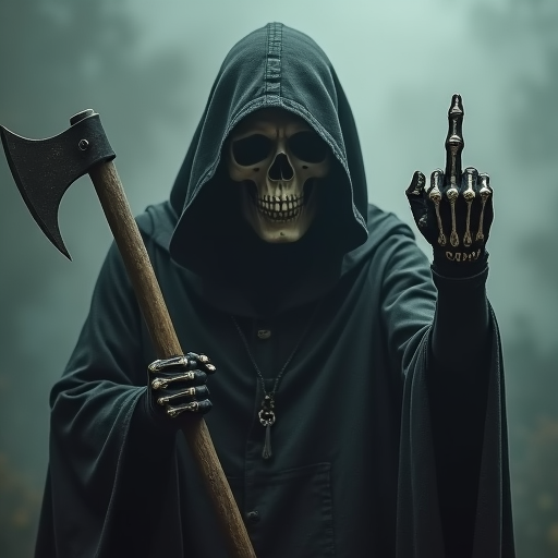 The picture shows a dark, gritty image of a figure wearing a hood and a skeletal mask, giving an intense, eerie vibe. The figure is holding a weapon — a tactical axe — and raising a gloved hand with skeletal markings, showing the middle finger. The background appears foggy or smoky, adding to the ominous, grim reaper-like atmosphere. It gives off a rebellious, deathly, anti-hero aesthetic.


