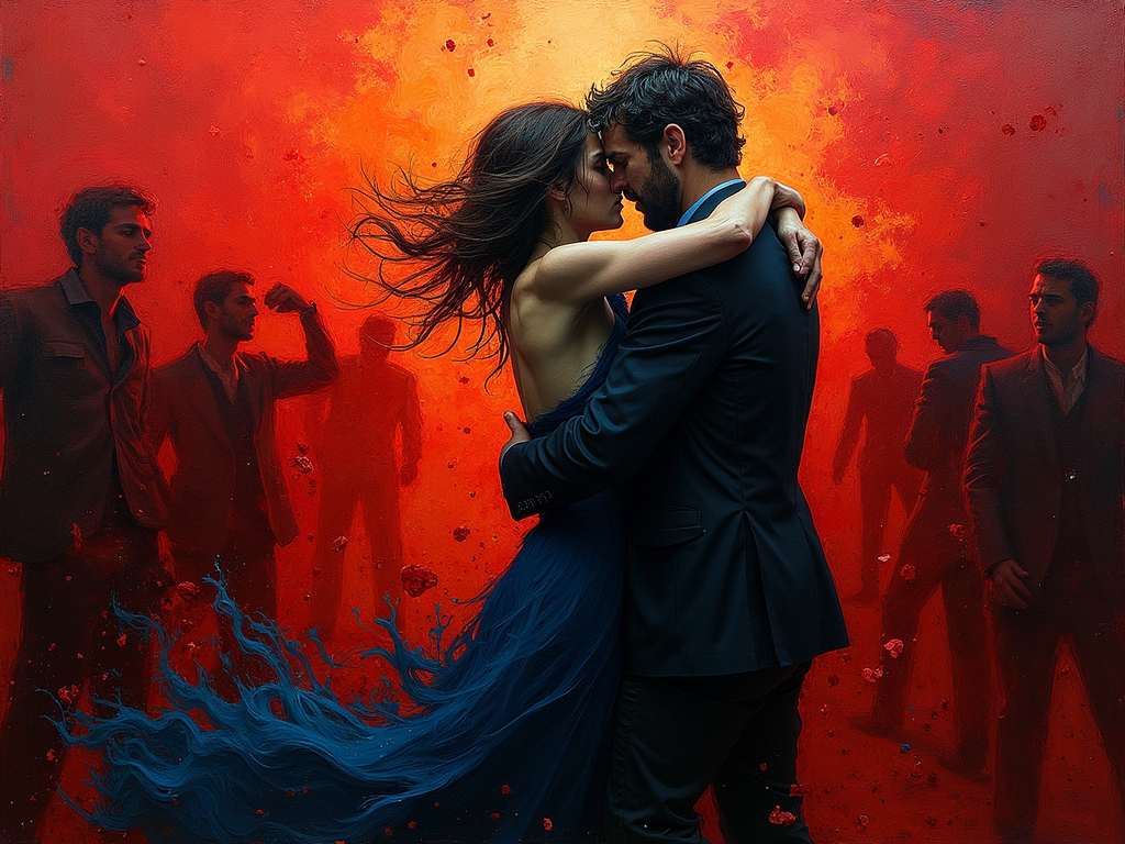 A passionate embrace, rendered in a vibrant, chaotic Expressionist style reminiscent of Kirchner, with swirling crimson and cobalt hues, distorted figures locked in a desperate, swirling dance, conveying raw, untamed emotion; a whirlwind of color and movement, capturing a fleeting moment of intense intimacy, bathed in harsh, dramatic lighting, reflecting the turbulent energy of early 20th-century Berlin.
