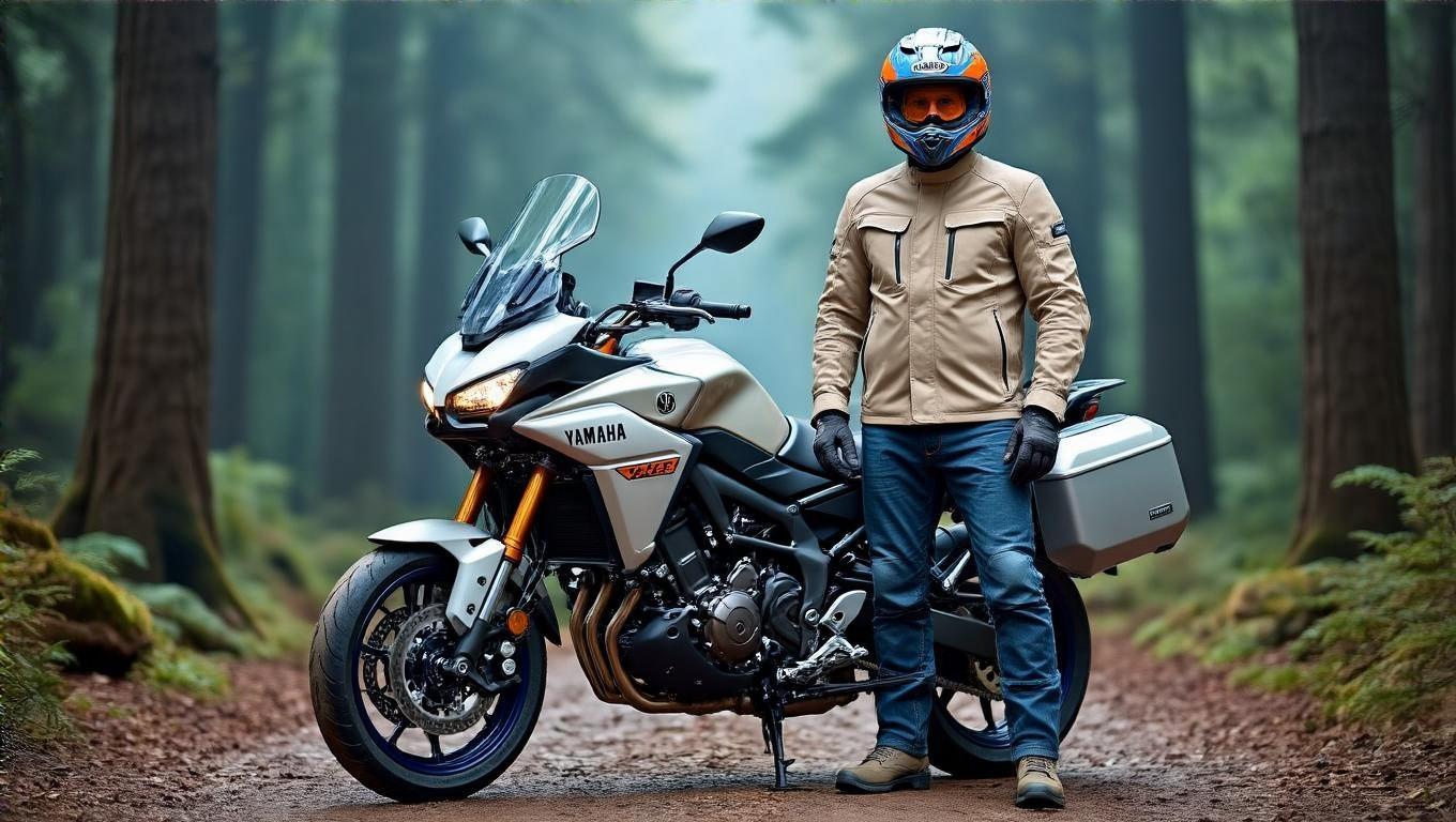 A man stands next to his Yamaha Tracer sport-touring bike with side cases. He is wearing a beige jacket, blue jeans and grey motorcycle helmet with orange and blue patterns. He stands powerful stance, feet slightly apart, arms slightly outstretched as if presenting or controlling both realms. In the background on the left, there's a magic deep forest. And there is an ancient lion stone statue. On the right side of the bridge over the river, we can see a futuristic cyberpunk city skyline glowing with neon lights and holograms. And there is another lion statue, perfectly symmetrical and identical to the stone one, but made out of glowing blue neon. Composition is flat, symmetrical, suited for a facebook cover picture, showing a clearly gradual gradient transition from left to right from deep forest to the cyberpunk city. Cinematic futuristic photorealistic ultra-detail atmospheric shot.