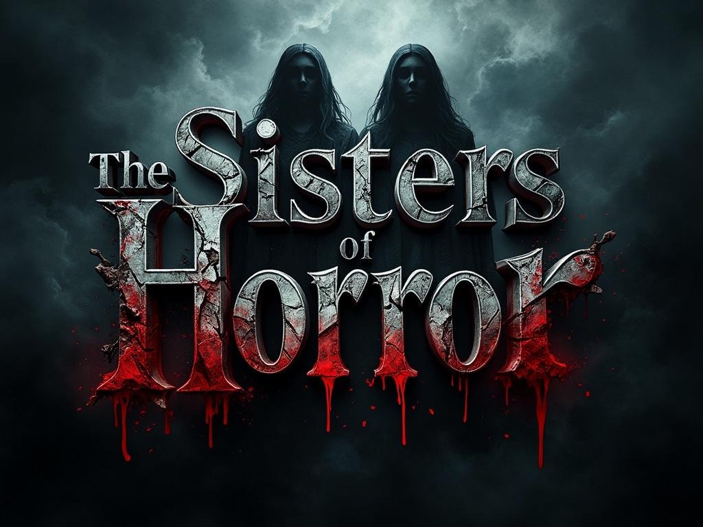 
“A terrifying cinematic horror logo for ‘The Sisters of Horror,’ in distressed, weathered Gothic lettering, cracked and decaying as if centuries old. Blood drips from jagged edges, with ghostly mist swirling around. Faint silhouettes of two eerie sisters lurk in the shadows, their faces obscured. Lighting is ominous, like The Conjuring poster — deep blacks, blood-red highlights, and a chilling, supernatural atmosphere.”