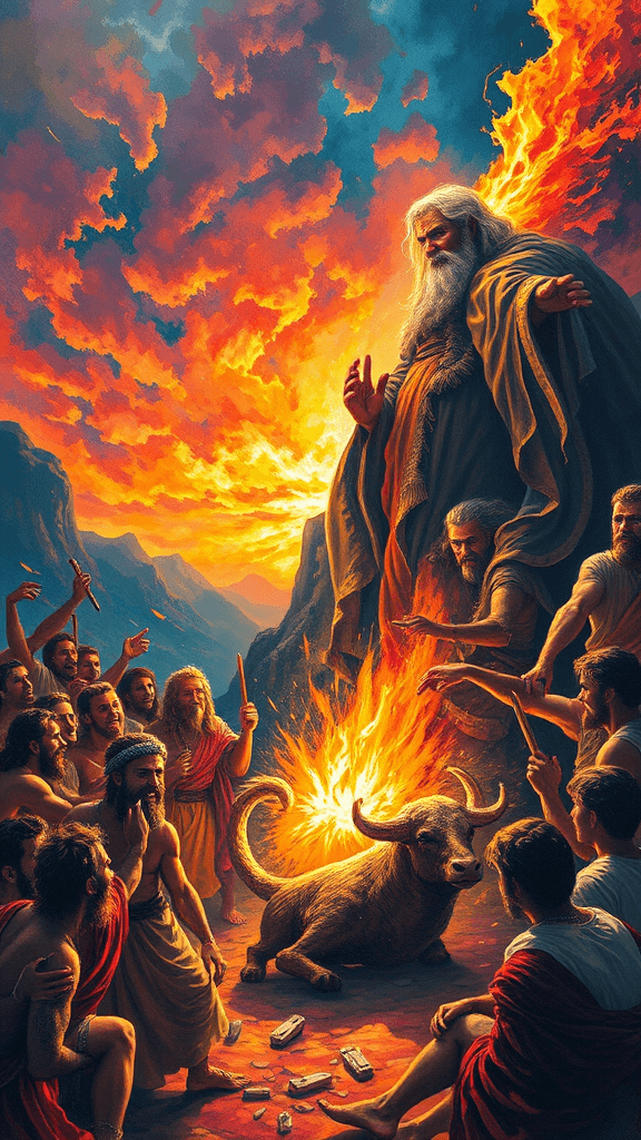 A chaotic scene of jubilant Hebrews dancing around a shimmering golden calf under a fiery sunset,  Moisés descends from Mount Sinai, his face contorted in furious wrath, the stone tablets clutched in his trembling hands, about to shatter,  rendered in a vibrant, chaotic expressionist style, evoking the Old Testament's narrative.
