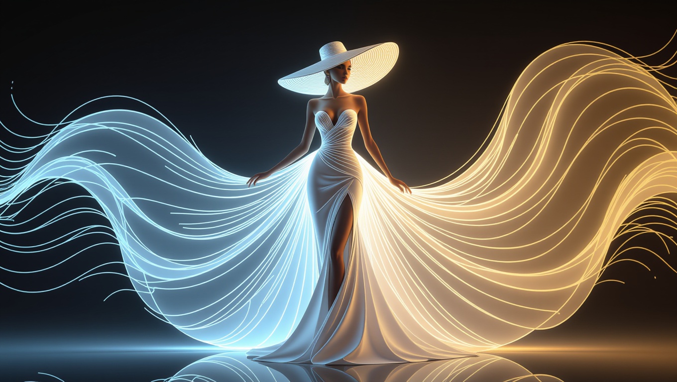 A white, glowing golden light art piece depicting an elegant woman in a flowing gown and hat, creating dynamic lines with a trail effect on a vibrant background. The dress flows elegantly, as if it is made from light trails, while her figure stands out against the darkness. She wears a wide-brimmed sun hat that adds to the visual impact of the artwork.+ use text