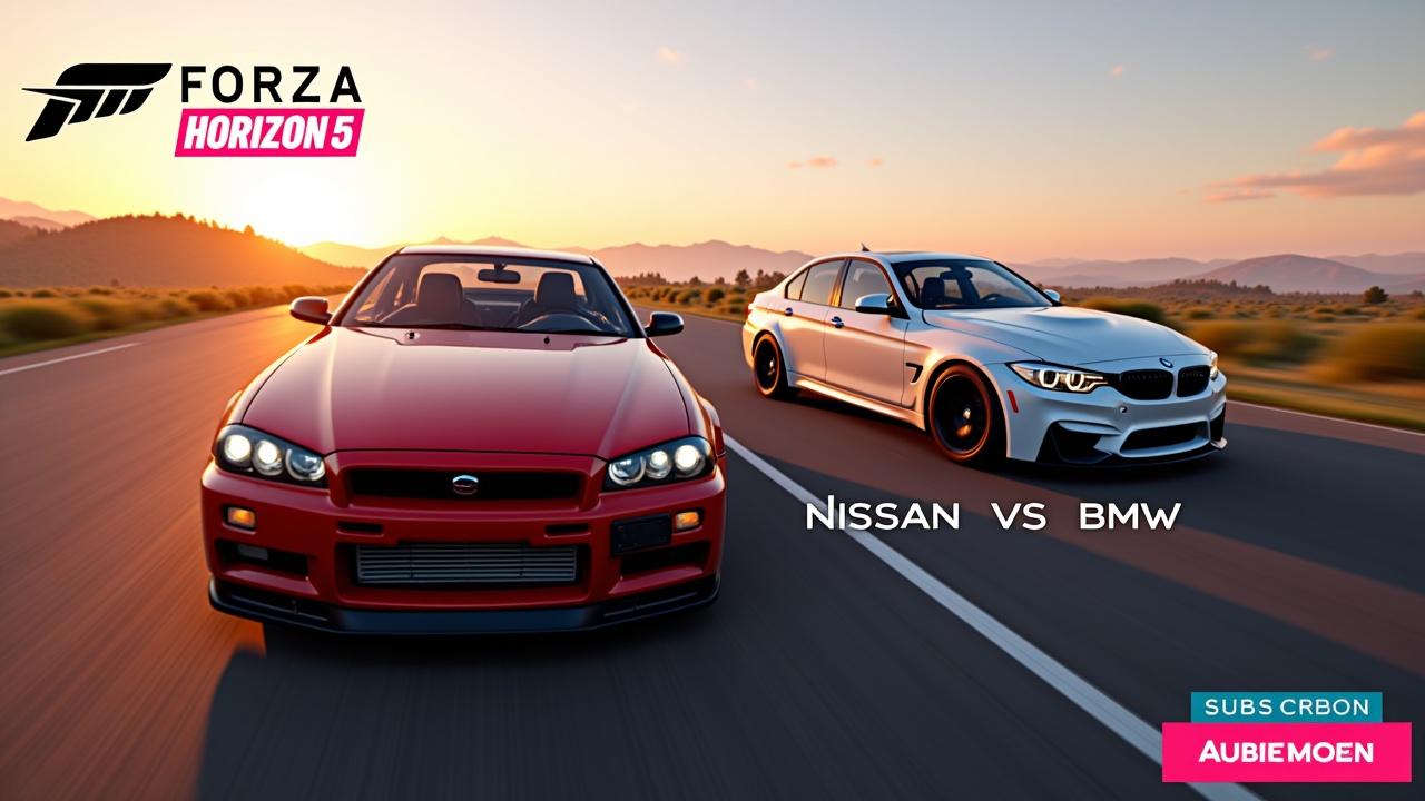 fait moi une miniature en format youtube avec un fond comme route de forza horizon 5 et tu me met une nissane skyline gt-r de 99 et une bmw de derniere generation tres realiste 
