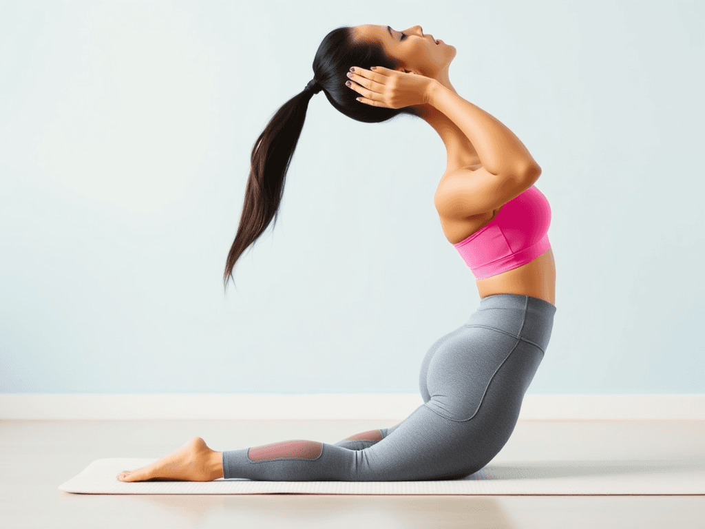 A young woman is performing a yoga pose with grace and precision in a minimalistic indoor setting. She is positioned on a light-colored yoga mat over a smooth floor, with a soft, gradient pale blue background that suggests a calm and serene environment. She wears a bright pink sports bra with mesh panels on the sides, paired with high-waisted grey leggings that contour to her form. Her pose is a deep backbend, known as the mermaid variation of the pigeon pose. Her front leg is bent and folded on the ground while her back leg is extended upward and bent back toward her head. She holds her raised foot with both hands behind her head, forming an elegant arch with her arms and body. Her long, dark hair is tied in a low ponytail that flows gently along her spine. Her face is tilted upward with closed eyes, radiating concentration and inner peace. The lighting is soft, even, and shadowless, emphasizing the contours of her muscles and the smooth texture of her skin. The composition focuses on her flexibility, strength, and balance. The overall mood is meditative and empowering. Her alignment and posture demonstrate advanced yoga proficiency. The image should capture anatomical accuracy, realistic skin tones, fine fabric textures, and subtle lighting nuances. Her form and clothing should be sharp and in high detail. The ambiance should feel peaceful, clean, and health-focused with no distractions. Maintain a photo-realistic style with a clear emphasis on motion, control, and elegance.