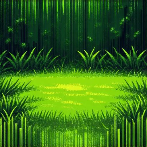 A 16x16 pixel art tile depicting lush green grass viewed from directly above, vibrant pixelated texture,  randomized color palette suggesting a whimsical, retro 8-bit videogame aesthetic,  top-down perspective emphasizing detailed pixel arrangement, evoking a sense of playful adventure.
