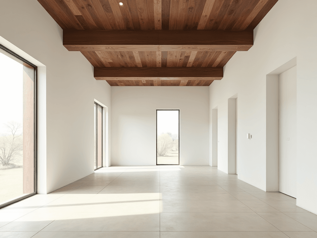 The building is a rectangular-plan structure with two of its corners recessed inward, subtly disrupting the orthogonal geometry and introducing visual variety within a balanced composition. The interior space is defined by a clear set of material and structural elements that reflect both modernist and postmodern design intentions. The overall wall height is 300 cm. All walls—excluding those interrupted by structural columns—are punctuated with windows that are 180 cm in height and positioned 80 cm above the finished floor level, resulting in a consistent window top height of 260 cm. This configuration allows abundant natural light to enter the space while maintaining visual continuity and a controlled sense of privacy.

The ceiling features dark walnut wood panels arranged in a lambris pattern, creating warmth and visual texture. One vertical beam and four horizontal beams are left exposed, contributing both to structural legibility and aesthetic rhythm. These beams articulate the ceiling plane and align with a design language that values honest expression of construction.

The floor is finished with 30x30 cm cream-colored ceramic tiles, offering a smooth, neutral surface that enhances the brightness of the space and contrasts elegantly with the darker ceiling. The walls are painted white, reinforcing a sense of openness and serving as a clean backdrop for natural light to interact with the interior surfaces. The relationship between the floor, walls, ceiling, and window openings is carefully proportioned, resulting in a cohesive spatial experience.

This configuration supports multiple potential uses—residential, cultural, or artistic—where light, material, and structural clarity are prioritized. The building, through its minimal yet expressive elements, embodies a synthesis of modern discipline and postmodern character. This interior use for office and meeting room for goverment and interior design should be post modern style. So add some post modern furnitures, lighting fixtures, elements, decorative figures. And colums and beams should be visible and white colored. Also windows are should  more visible. Add post modern style furnitures for meeting and offices. 