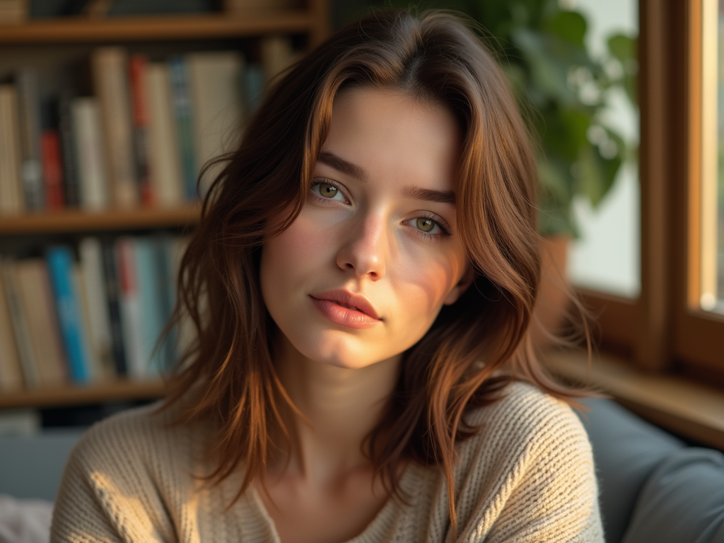 A hyper-realistic portrait of a beautiful young woman (22-28), light skin with natural glow, soft brown or chestnut hair, gentle waves, medium-length. Green or hazel eyes, soft expression, minimal natural makeup, wearing a cozy beige sweater or light shirt. Natural lighting (sunset or warm window light), soft shadows. Background: aesthetic indoor setting or balcony with books and plants. Calm, thoughtful, real.