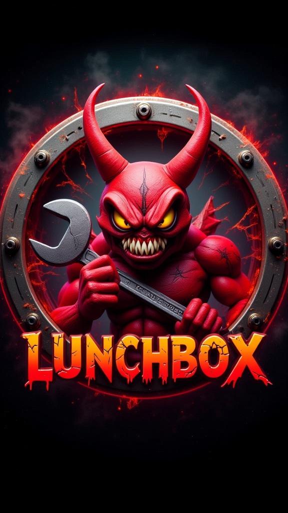"Design a circular Pixar-meets-dark-cartoon style logo featuring an evil red lunchbox character shown from the waist up. The lunchbox has menacing, narrowed glowing eyes, a sinister grin with sharp teeth, and a few scratches and dents on its surface. Faint scorch marks and peeling star stickers add to its battle-worn look. One rubbery arm is raised, gripping a jagged, cracked metal wrench like a weapon, while the other arm rests in a threatening pose. Frame the character inside a bold circular border with a carbon fiber texture. The outer ring should be metallic with a brushed steel finish, beveled edges, and evenly spaced bolts, giving it a bolted-down, industrial feel. At the bottom of the circle, engrave the word 'LUNCHBOX' in bold, cracked metallic letters with faint red neon light seeping through the fractures. Add a dark, smoky aura around the logo with subtle sparks and ember glows, creating an ominous, high-impact look while still matching the visual style and polish of the LandscaperBob logo."