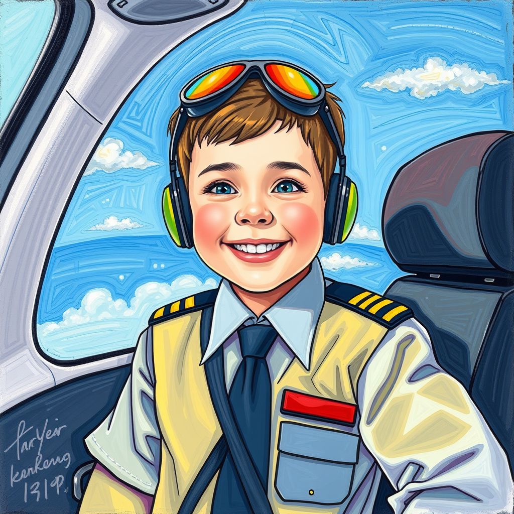 14 year boy as pilot A320 outside, colorful, art, with text Dárkový poukaz Sebbies pilotem Airbusu A320 - 60 minut 