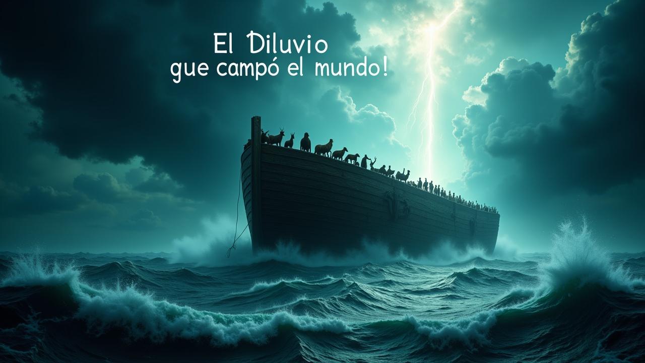 Una escena épica del Arca de Noé durante el diluvio  un arca gigantesca flotando sobre aguas embravecidas, cielo tormentoso con rayos, animales asomándose desde el interior del arca, un rayo de luz divina rompiendo las nubes. Estilo cinematográfico, colores intensos, alta resolución, enfoque dramático. Texto en medio de  la imagen: ¡ El Diluvio que cambió el mundo !
