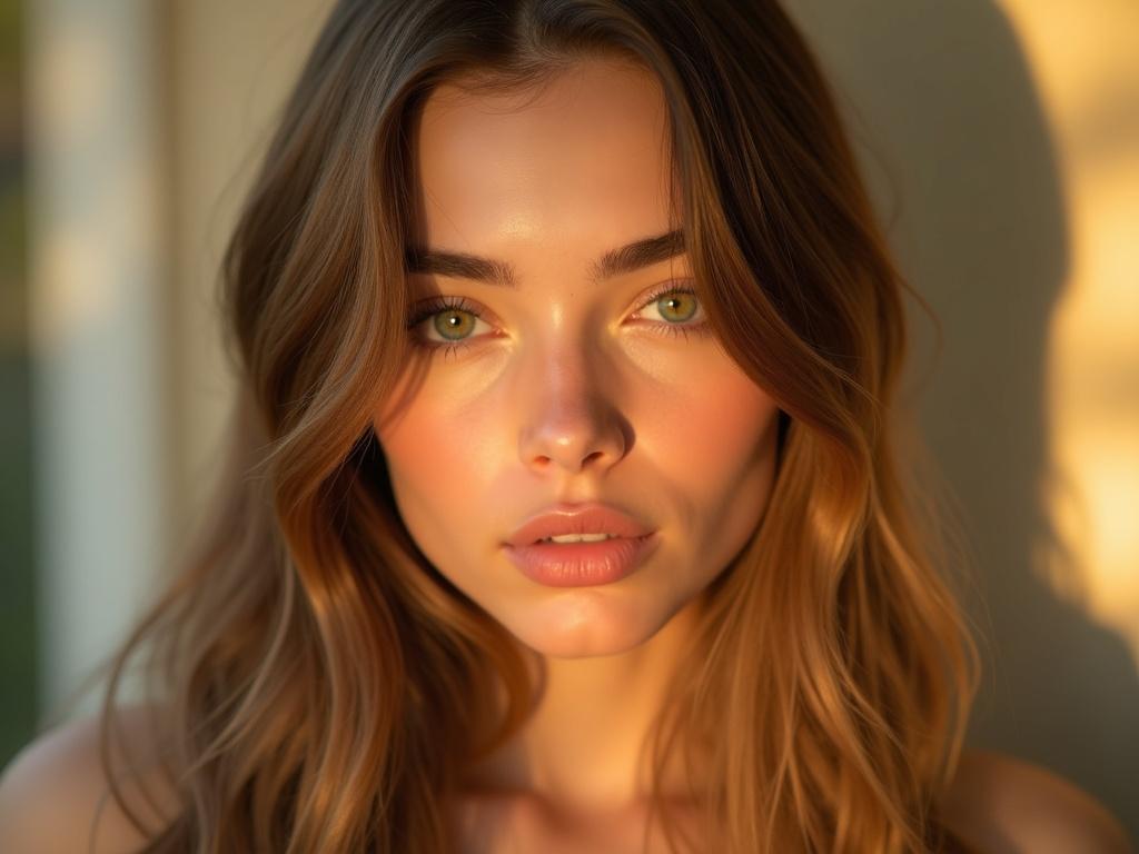 A hyper-realistic portrait of a beautiful young woman with straight, light brown hair that falls gracefully past her shoulders, silky and well-defined strands reflecting soft natural light. She has vivid green eyes with intricate iris details, framed by long, delicate lashes and perfectly shaped eyebrows. Her full, soft lips have a natural rosy tint, slightly parted in a gentle, serene expression. Her skin is flawless, smooth, and luminous with a warm undertone, subtly glowing under golden hour sunlight. She is wearing a simple yet elegant outfit in neutral tones, enhancing her natural beauty. The background is softly blurred with a warm bokeh effect, emphasizing depth of field and drawing attention to her face. The overall mood is gentle, captivating, and ethereal, evoking both realism and artistic elegance. Ultra-high resolution, sharp focus on facial details, cinematic lighting, photographic depth, 85mm lens, f/1.4, masterpiece, award-winning photography style.