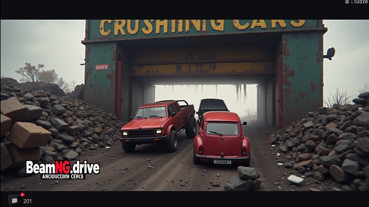 The preview will be on the game BeamNG.Drive. In the background there will be a dump of broken cars, in the center will be a platform hydrovolytic press, and in it will be two cars that will soon be crushed
