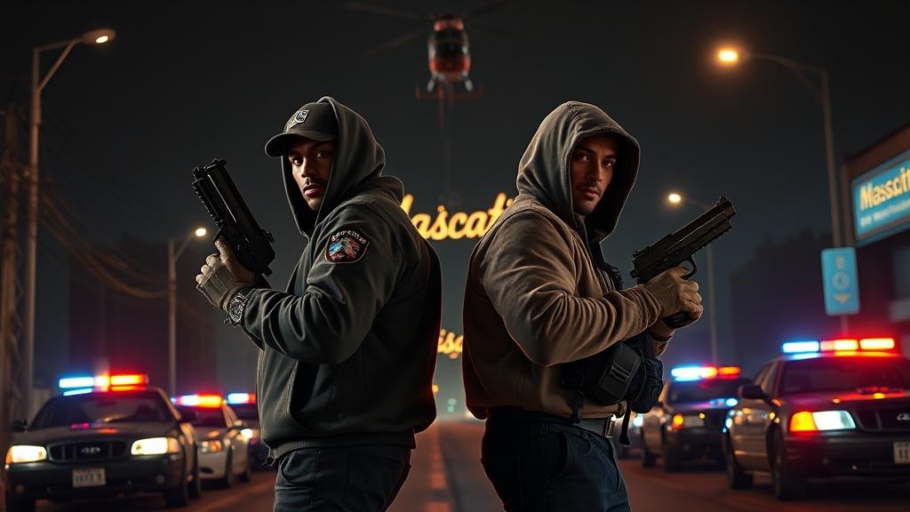 two men dressed in rapper's clothes are standing back to back each one holding a gun pointing up. They are looking angry, tough and strong. They are preparing to fight with a swat police team wich is approaching in the night. A police helicopter is hovering above them with lights and sirens. Some police cars are near by with ligjts and sirens.There is a neon sign written "Mascatii".
