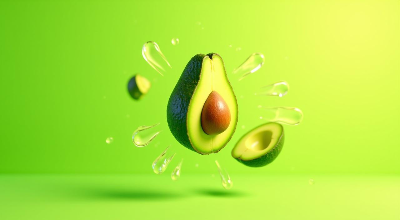 An artistic and dynamic illustration of an avocado in motion — mid-air with a motion blur effect to suggest speed and movement. The avocado is whole, but partially sliced to reveal its bright green flesh and seed, with droplets of freshness flying off. The background is a clean, vibrant gradient (green to yellow), with light streaks emphasizing the motion. The style should be modern, colorful, and energetic, ideal for healthy lifestyle content or a food animation thumbnail