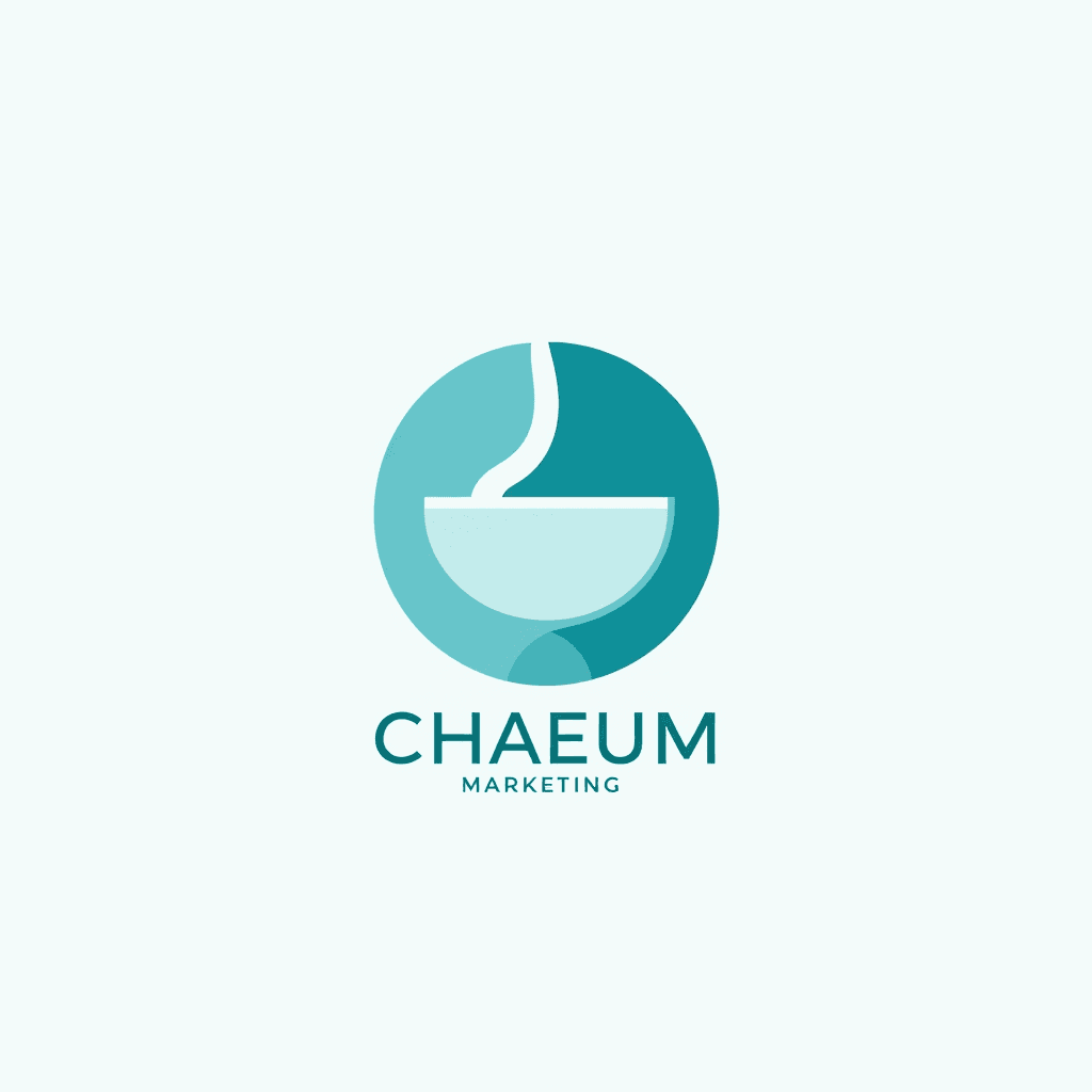 Create a modern, minimalist logo for CHAEUM MARKETING, featuring a sleek, simple bowl filled fully with clear water, symbolizing mutual fulfillment, abundance, and collaborative growth. Utilize clean curves, bold lines, and subtle aqua-blue gradients. Clearly integrate the brand name CHAEUM MARKETING beneath or alongside the design in a professional, modern typeface. Ensure the overall design is visually impressive, balanced, and memorable, optimized for digital marketing.