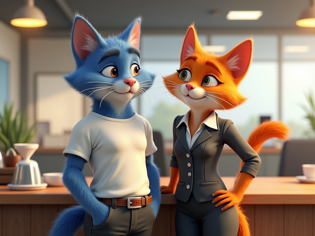 
A blue-furred anthropomorphic male cat in a tucked white T-shirt and office pants stands next to a smart orange-furred female cat in a business outfit. They are side-by-side at an office coffee counter, both smiling with flirtatious glances. Background: open-plan modern office. 3D cartoon Pixar style.”

