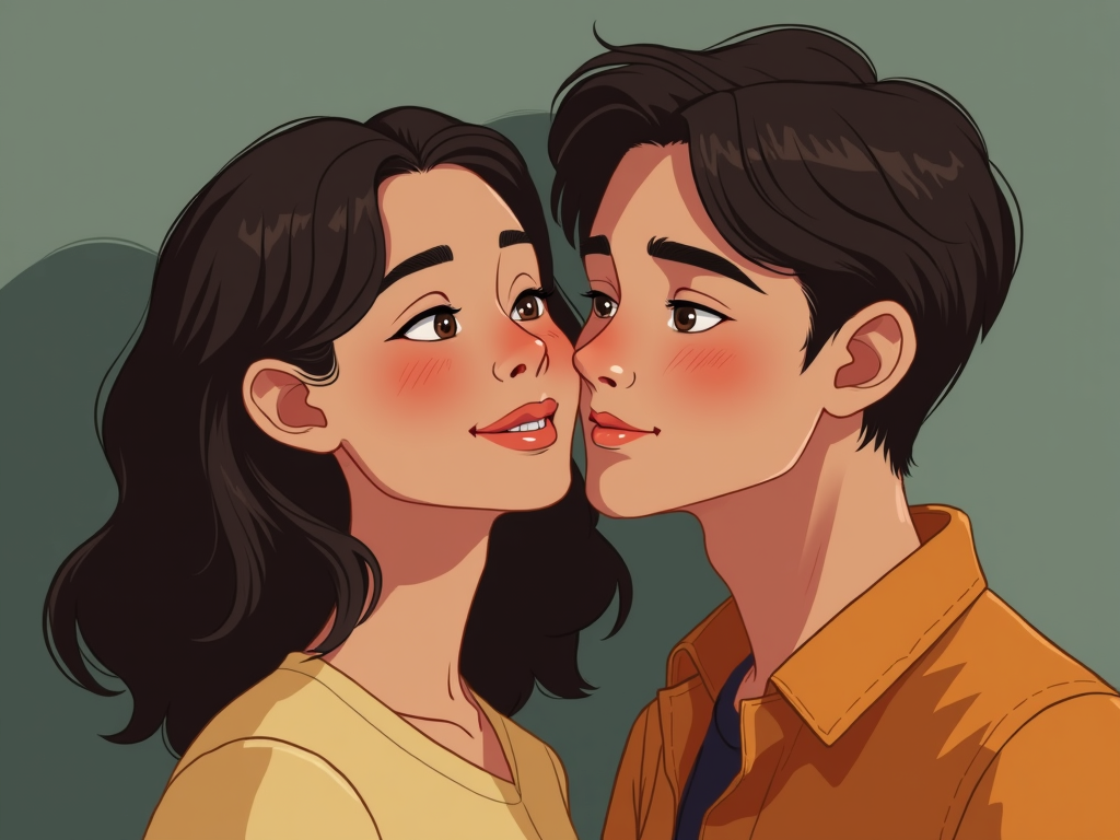Make the two people in the photo smile and kiss. Keep the same original features.