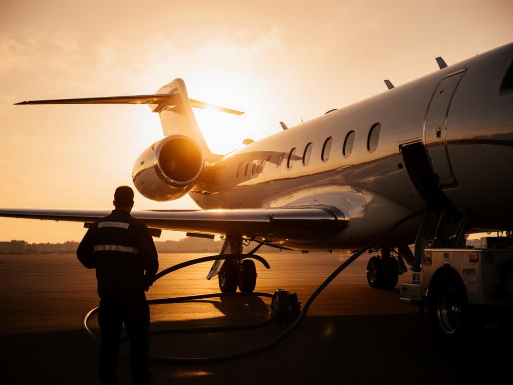A gleaming Gulfstream G650 private jet, bathed in the warm hues of a late afternoon sun, sits majestically on the tarmac; a fuel truck, its metallic sheen reflecting the vibrant sky, is connected to the jet by a thick, flexible hose, expertly handled by an airport worker whose back is turned, their silhouette a stark contrast against the bright backdrop, creating a scene of quiet efficiency and subtle power within the bustling airport environment.
I want a closer image of a private jet with a fuel truck next to it, connected to the plane by a hose. The airport worker is standing near the plane, holding the hose, with their face not visible to the camera

