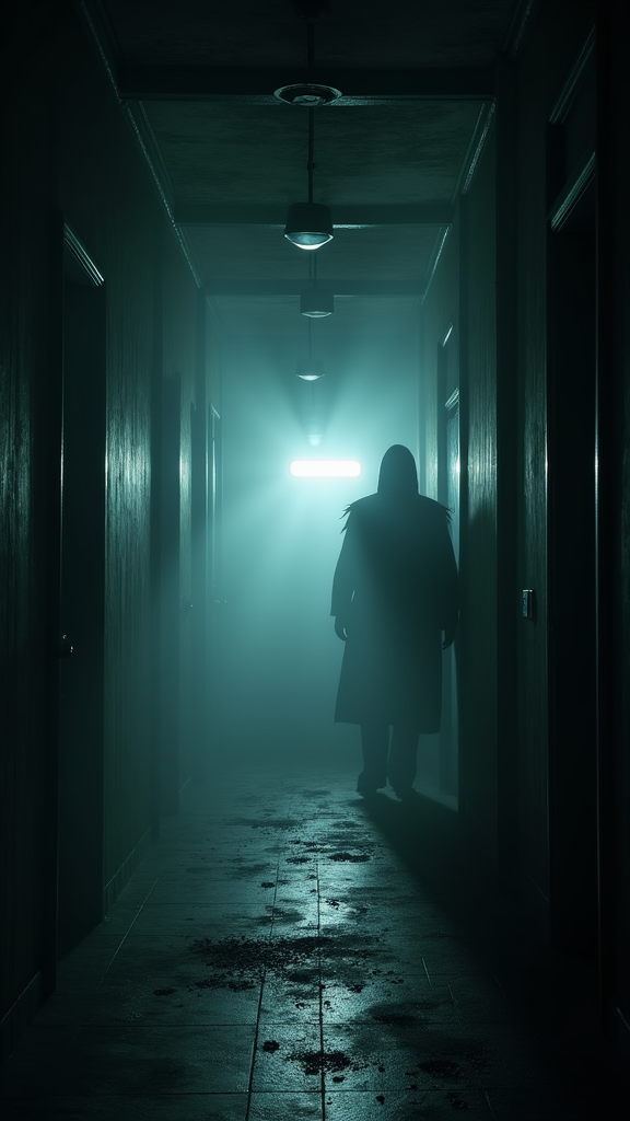 
"A dark, abandoned house with flickering lights, a shadowy figure lurking in the background, thick fog covering the floor, eerie atmosphere, ultra-realistic details, cinematic lighting, 4K resolution, horror style, nighttime, deep shadows, unsettling mood."
