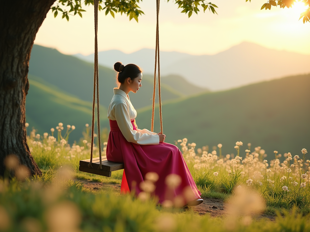 A young Korean woman in traditional hanbok sitting on a wooden swing under a tree, surrounded by wildflowers on a hillside. She has her hair tied in a neat traditional bun with a decorative hairpin. The scene is lit by soft golden hour sunlight, with a warm and peaceful atmosphere. The background shows rolling green hills and distant mountains under a pastel sky. Ultra-realistic photography, cinematic lighting, shallow depth of field, 16:9 aspect ratio, high detail
