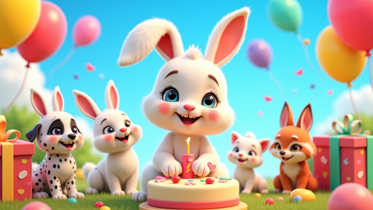 Une miniature d’ambiance pour un anniversaire style 3d: un bébé lapin blanc aux longues oreilles tombantes célèbre son anniversaire entouré de tous ses amis animaux — 🐰 Mama Rabbit, un chiot dalmatien joueur 🐶, un caneton de Barbarie adorable 🐥, un chaton angora roux tout doux 🐱, un bébé panda tendre 🐼 et un bébé raton laveur curieux 🦝. Autour d’eux : des ballons colorés, des cadeaux 🎁, un gâteau d’anniversaire 🎂 et beaucoup de joie sous un ciel bleu éclatant. Tous les animaux ont une expression douce et attendrissante pour renforcer l’émotion de la scène.